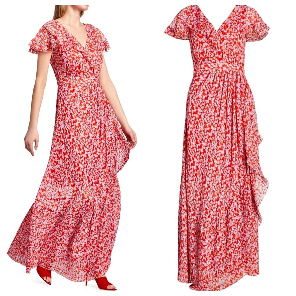 $795 TANYA TAYLOR NWT Designer Silk Boho Red Purple Floral Maxi Dress — Size 6